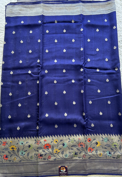 Banarasi Tussar Georgette Saree Royal Blue Colored Complemented with a Minakari border. - Sampradaya Designer Studio