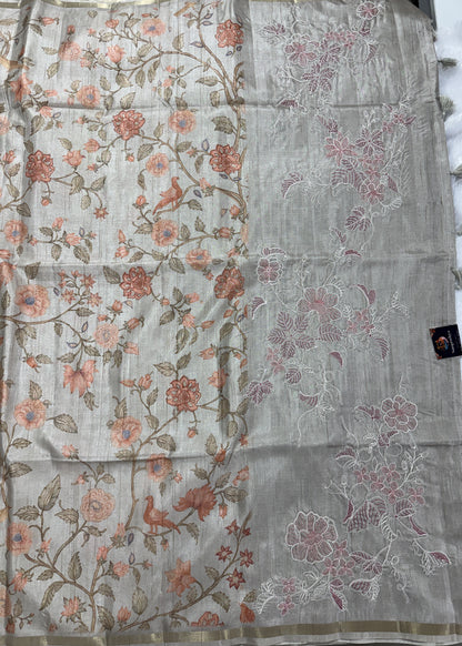 Semi Tussar Silk Saree -Gray color  with Gold Zari Border - Elegant Fancy Saree for Party & Office Wear