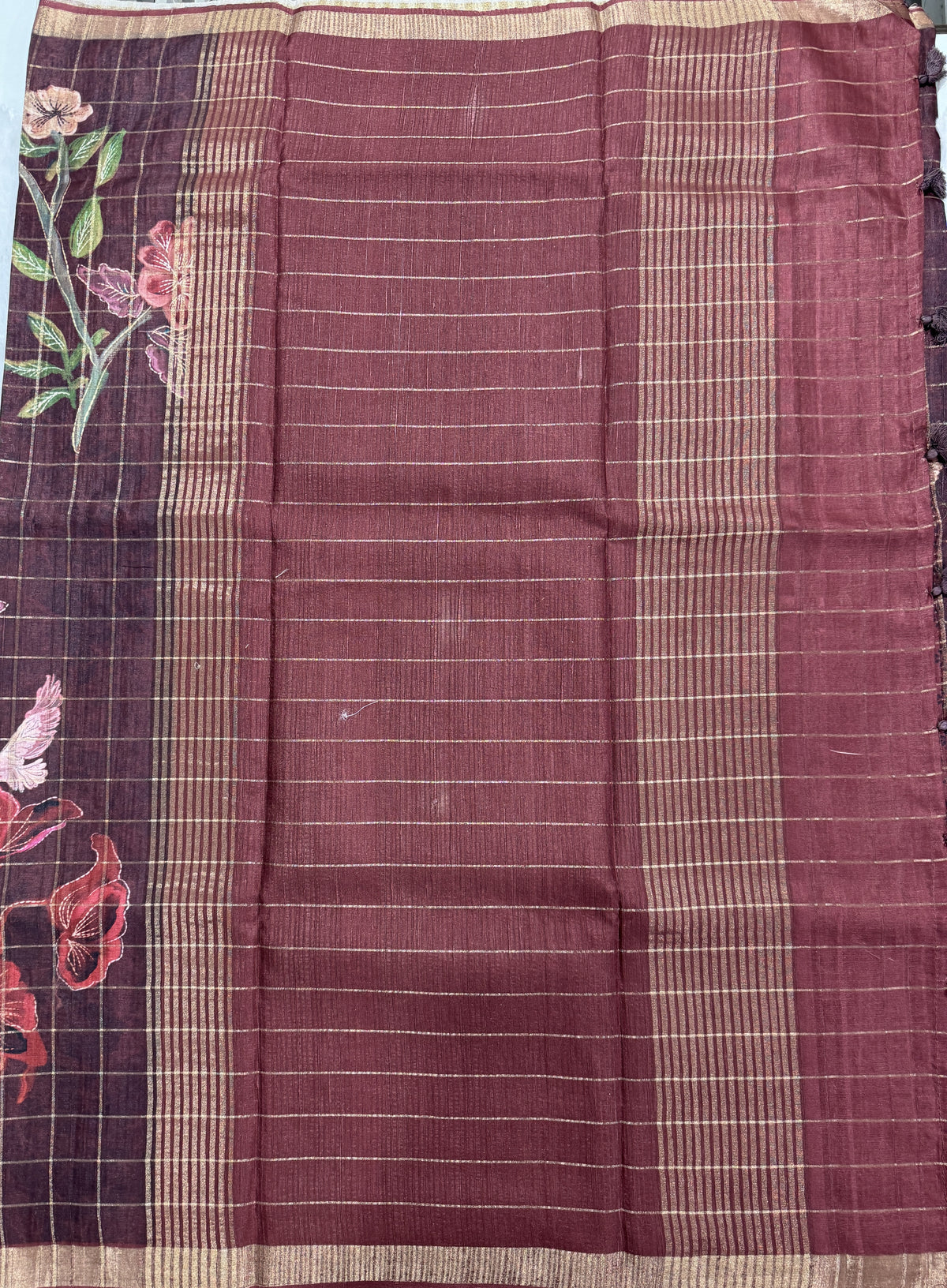 Semi Tussar Silk Saree -Brown color with Gold Zari Border - Elegant Fancy Saree for Party & Office Wear