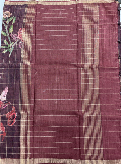Semi Tussar Silk Saree -Brown color with Gold Zari Border - Elegant Fancy Saree for Party & Office Wear