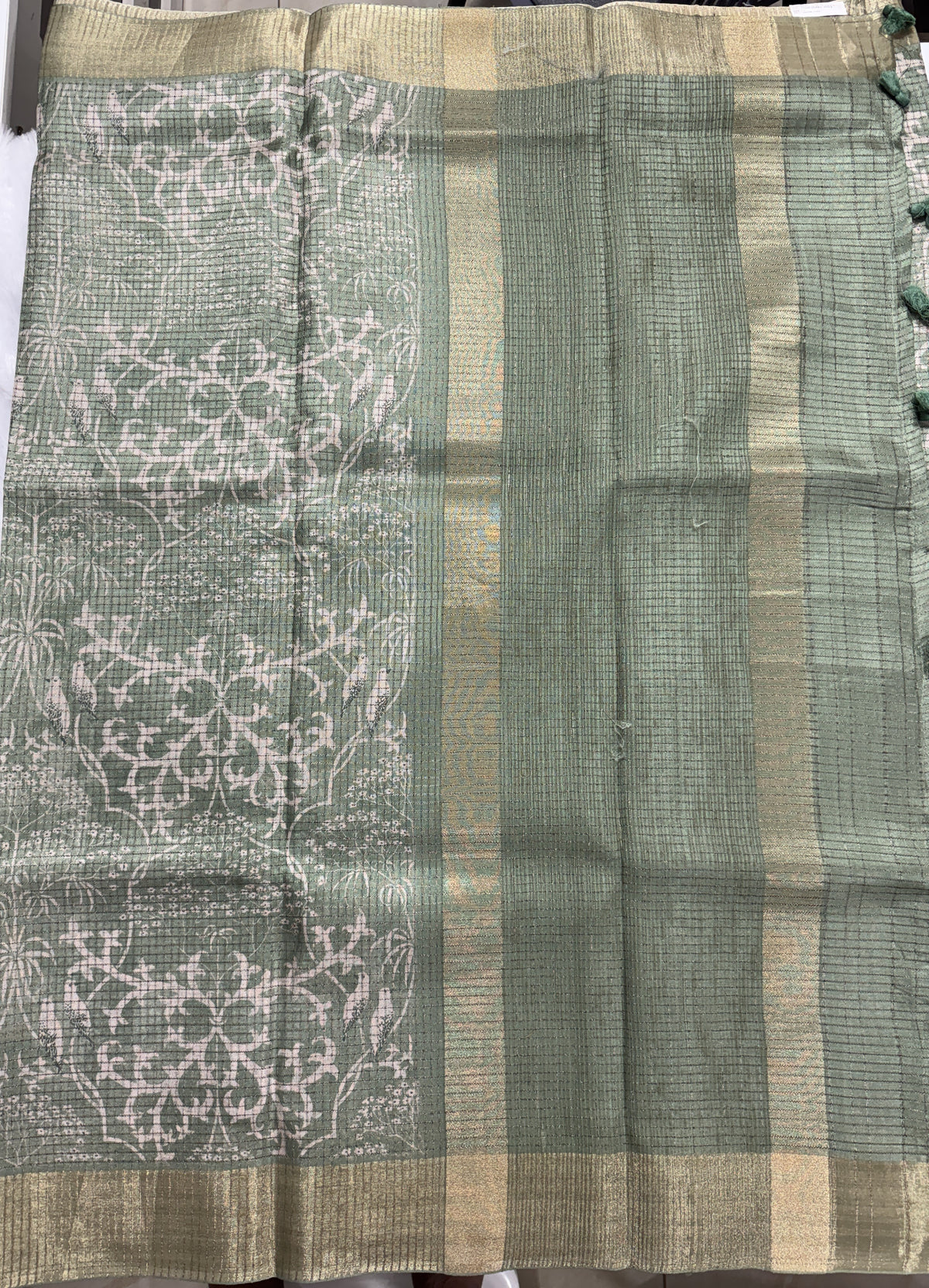 Semi Tussar Silk Saree -Sea Green color with Gold Zari Border - Elegant Fancy Saree for Party & Office Wear