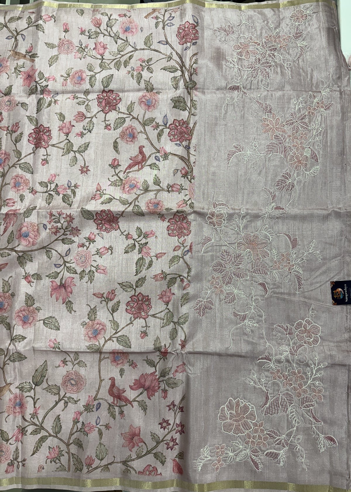 Semi Tussar Silk Saree -Baby Pink color  with Gold Zari Border - Elegant Fancy Saree for Party & Office Wear