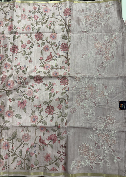 Semi Tussar Silk Saree -Baby Pink color  with Gold Zari Border - Elegant Fancy Saree for Party & Office Wear