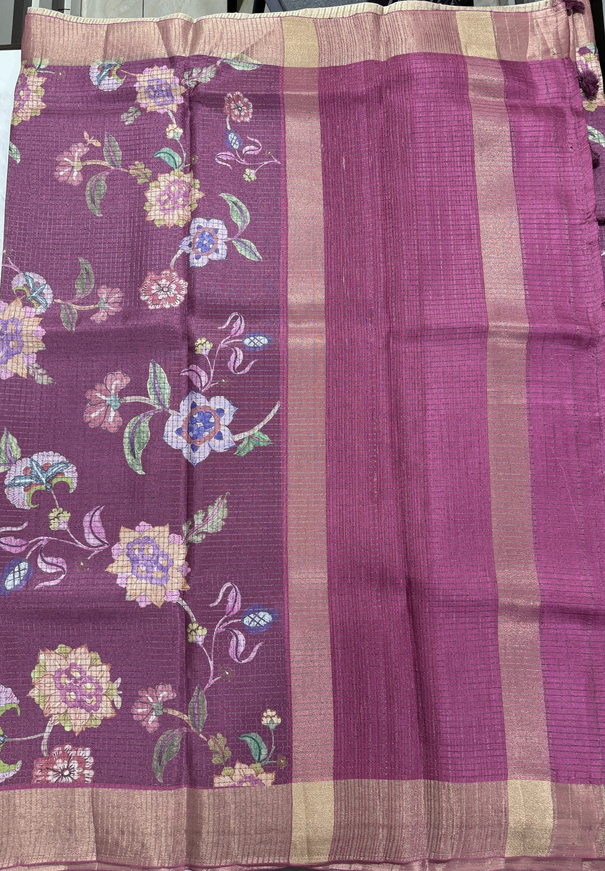 Semi Tussar Silk Saree -Mulberry color with Gold Zari Border - Elegant Fancy Saree for Party & Office Wear