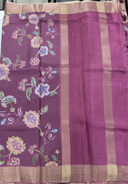 Semi Tussar Silk Saree -Mulberry color with Gold Zari Border - Elegant Fancy Saree for Party & Office Wear
