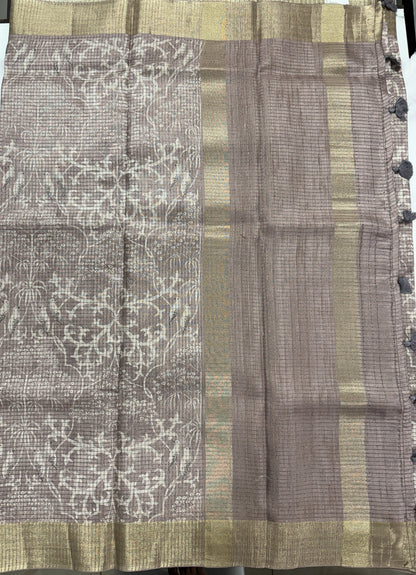 Semi Tussar Silk Saree -Onion Pink color with Gold Zari Border - Elegant Fancy Saree for Party & Office Wear