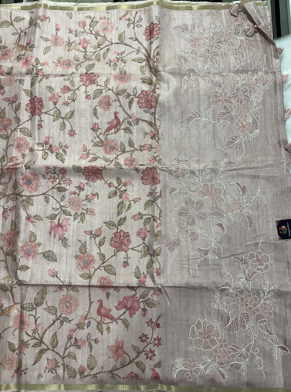 Semi Tussar Silk Saree -Baby Pink color  with Gold Zari Border - Elegant Fancy Saree for Party & Office Wear