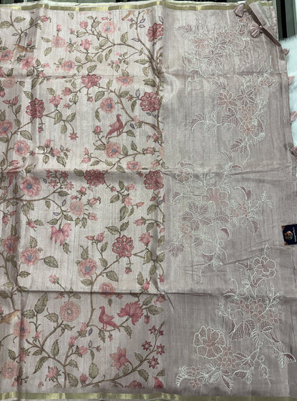 Semi Tussar Silk Saree -Baby Pink color  with Gold Zari Border - Elegant Fancy Saree for Party & Office Wear