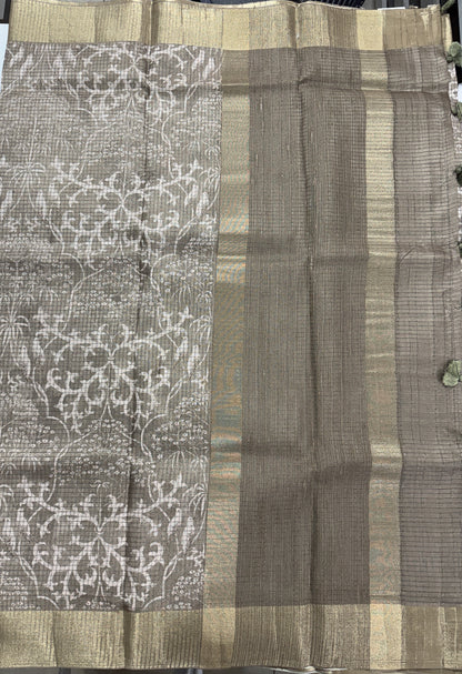 Semi Tussar Silk Saree -Sage Green color with Gold Zari Border - Elegant Fancy Saree for Party & Office Wear