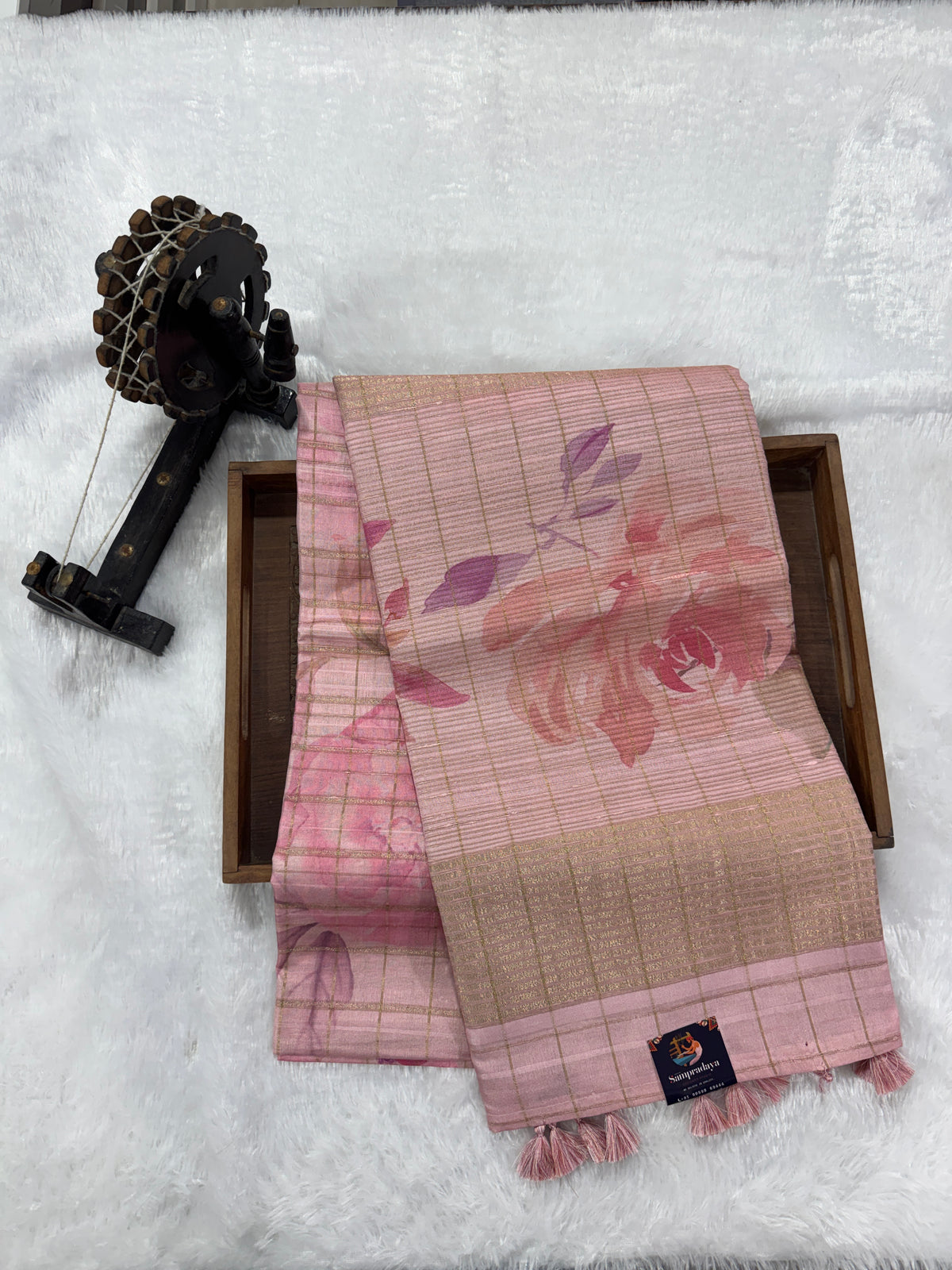 Semi Tussar Silk Saree -Baby Pink color with Gold Zari Border - Elegant Fancy Saree for Party & Office Wear