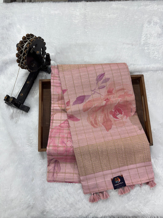 Semi Tussar Silk Saree -Baby Pink color with Gold Zari Border - Elegant Fancy Saree for Party & Office Wear