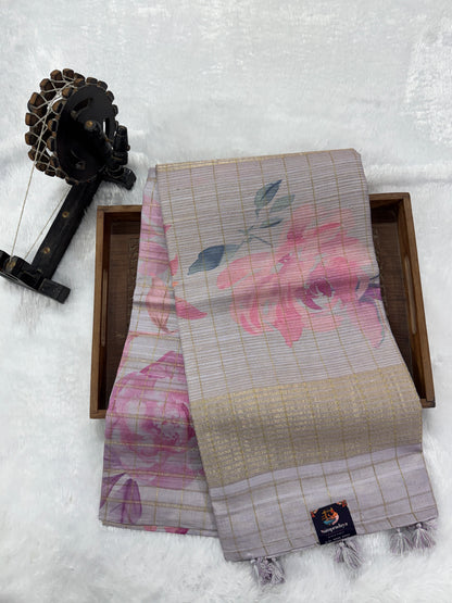 Semi Tussar Silk Saree-Lavender color with Gold Zari Border - Elegant Fancy Saree for Party & Office Wear