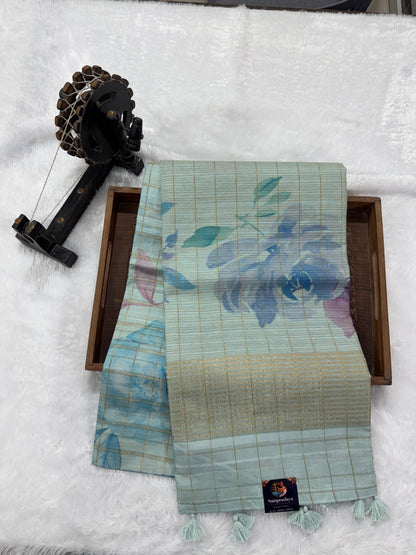 Semi Tussar Silk Saree-Sea Blue color with Gold Zari Border - Elegant Fancy Saree for Party & Office Wear