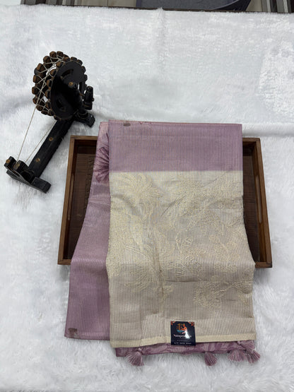 Semi Tussar Silk Saree -Lavender color  with Gold Zari Border - Elegant Fancy Saree for Party & Office Wear