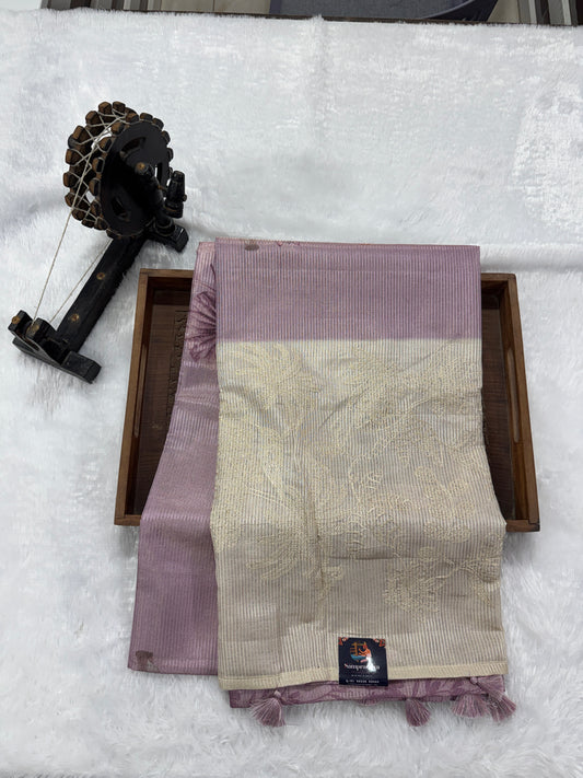 Semi Tussar Silk Saree -Lavender color  with Gold Zari Border - Elegant Fancy Saree for Party & Office Wear