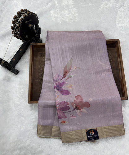 Semi Tussar Silk Saree-Lavender color with Gold Zari Border - Elegant Fancy Saree for Party & Office Wear