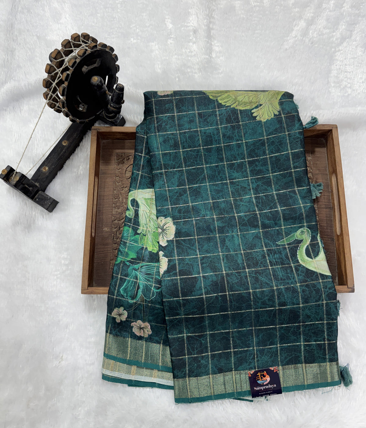 Semi Tussar Silk Saree -Bottle Green color with Gold Zari Border - Elegant Fancy Saree for Party & Office Wear
