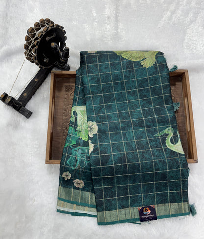 Semi Tussar Silk Saree -Bottle Green color with Gold Zari Border - Elegant Fancy Saree for Party & Office Wear