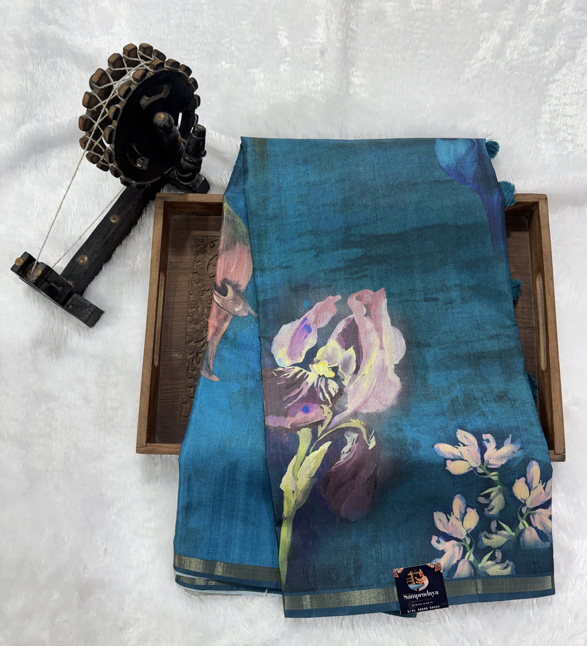 Semi Tussar Silk Saree-Peacock Blue color with Gold Zari Border - Elegant Fancy Saree for Party & Office Wear