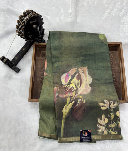 Semi Tussar Silk Saree-Olive Green color with Gold Zari Border - Elegant Fancy Saree for Party & Office Wear