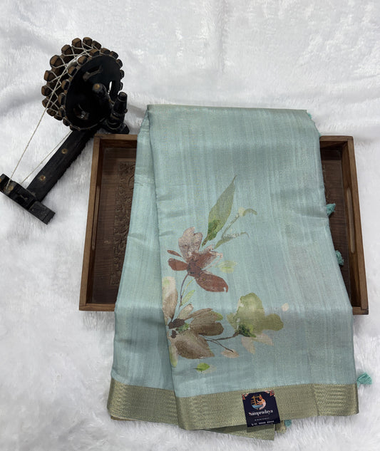 Semi Tussar Silk Saree-Sea Blue color with Gold Zari Border - Elegant Fancy Saree for Party & Office Wear