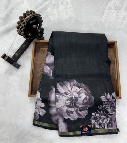 Semi Tussar Silk Saree-Black color with Gold Zari Border - Elegant Fancy Saree for Party & Office Wear
