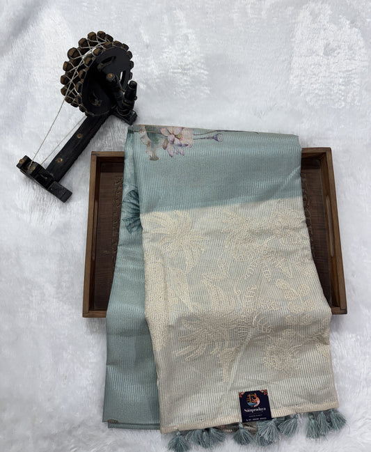 Semi Tussar Silk Saree -Ice Blue color  with Gold Zari Border - Elegant Fancy Saree for Party & Office Wear