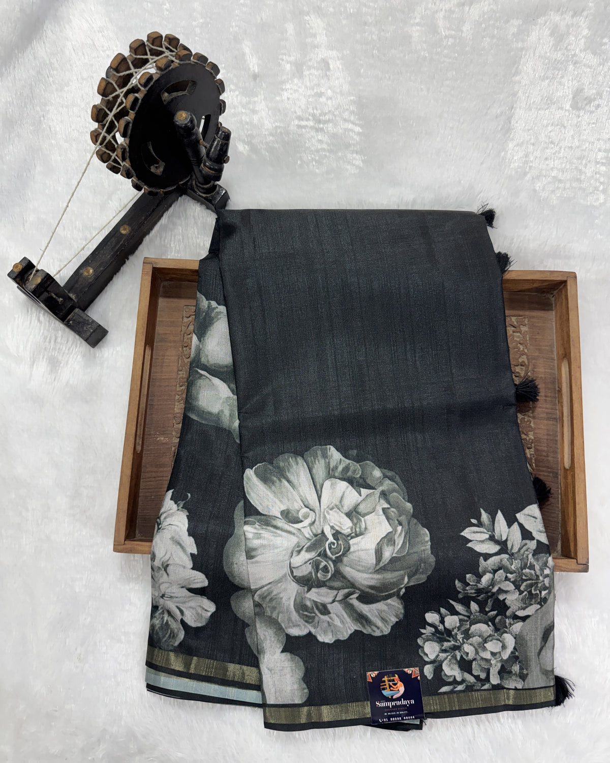 Semi Tussar Silk Saree-Black color with Gold Zari Border - Elegant Fancy Saree for Party & Office Wear