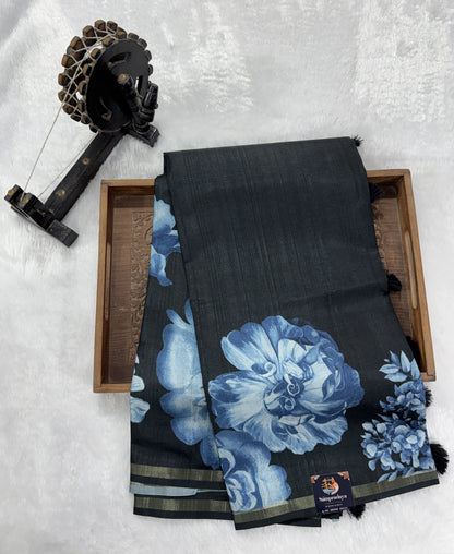 Semi Tussar Silk Saree-Black color with Gold Zari Border - Elegant Fancy Saree for Party & Office Wear