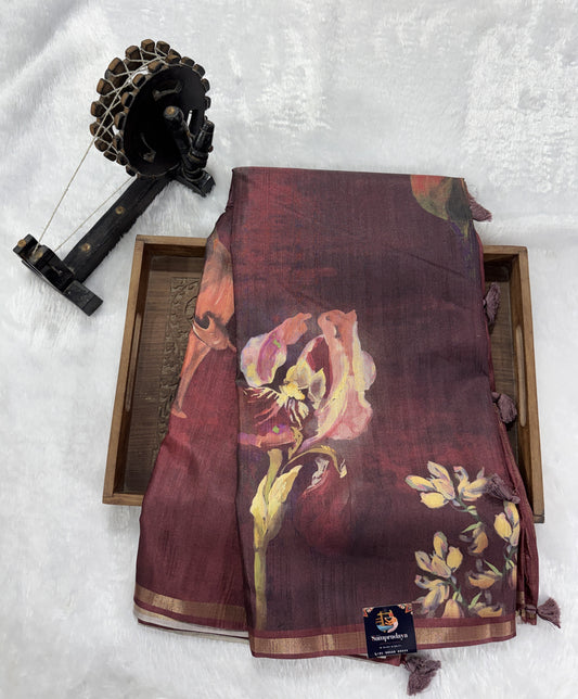Semi Tussar Silk Saree-Maroon color with Gold Zari Border - Elegant Fancy Saree for Party & Office Wear