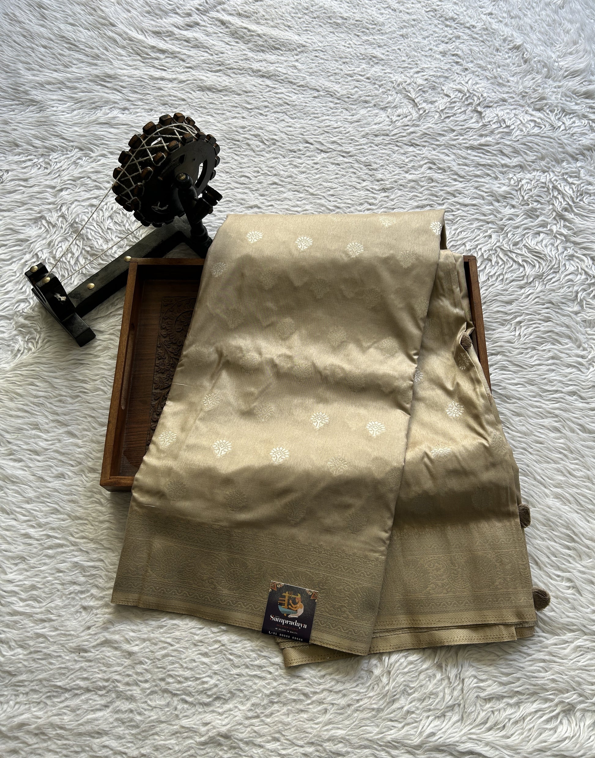 Semi Georgette Saree Beige Colored Paired with a Zari Border. - Sampradaya Designer Studio