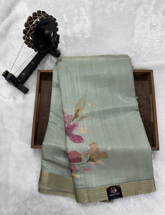 Semi Tussar Silk Saree-Sea Green color with Gold Zari Border - Elegant Fancy Saree for Party & Office Wear