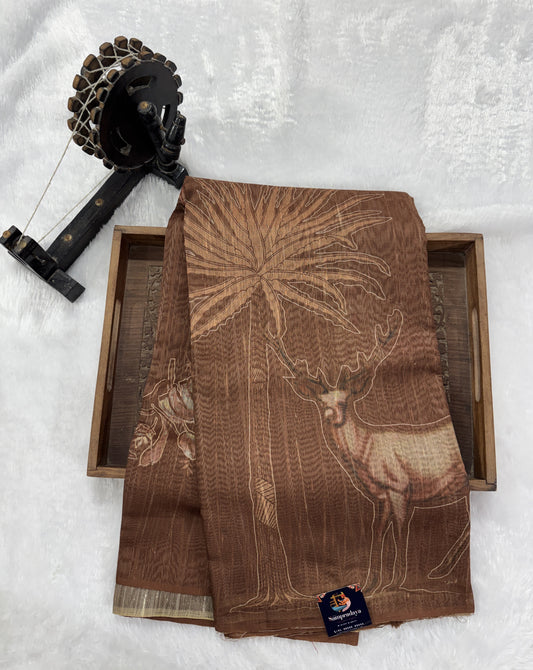Semi Tussar Silk Saree-Brown color with Gold Zari Border - Elegant Fancy Saree for Party & Office Wear