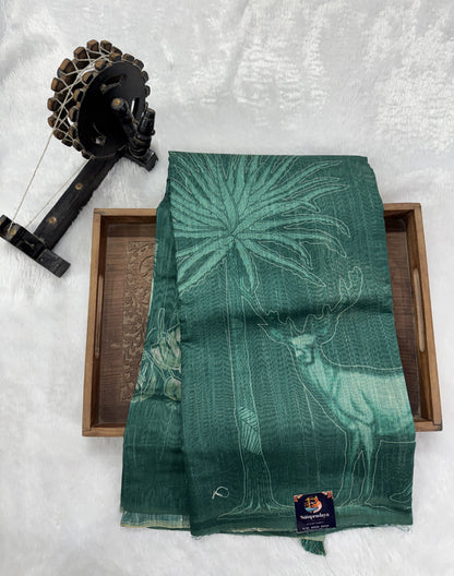 Semi Tussar Silk Saree-Green color with Gold Zari Border - Elegant Fancy Saree for Party & Office Wear