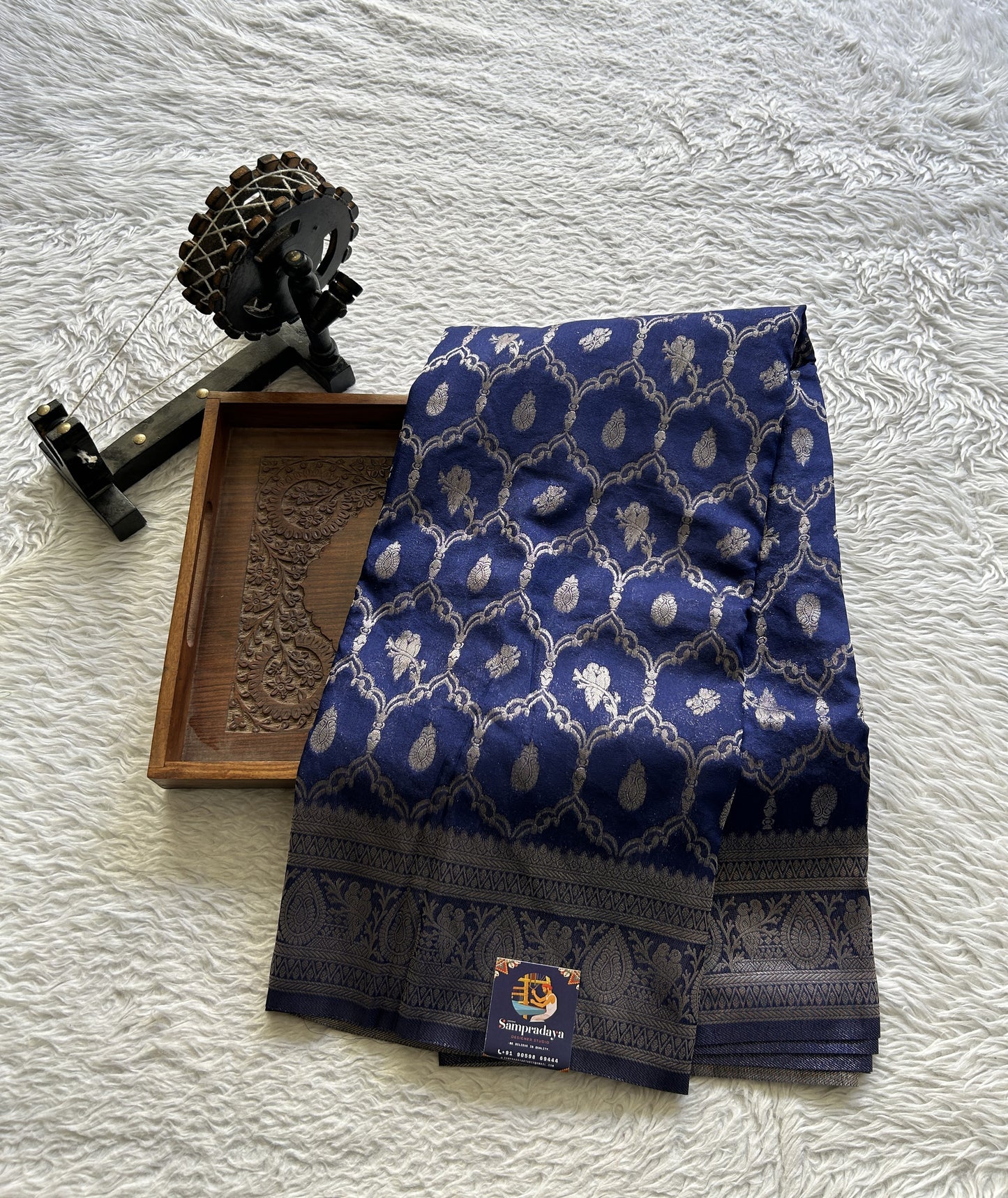 Semi Georgette Saree Dark Blue Colored Elegantly Paired with a Zari Border. - Sampradaya Designer Studio