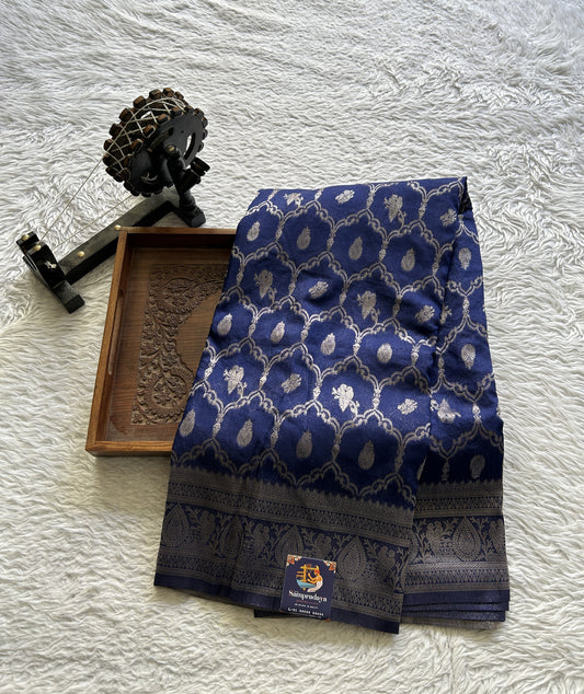 Semi Georgette Saree Dark Blue Colored Elegantly Paired with a Zari Border. - Sampradaya Designer Studio