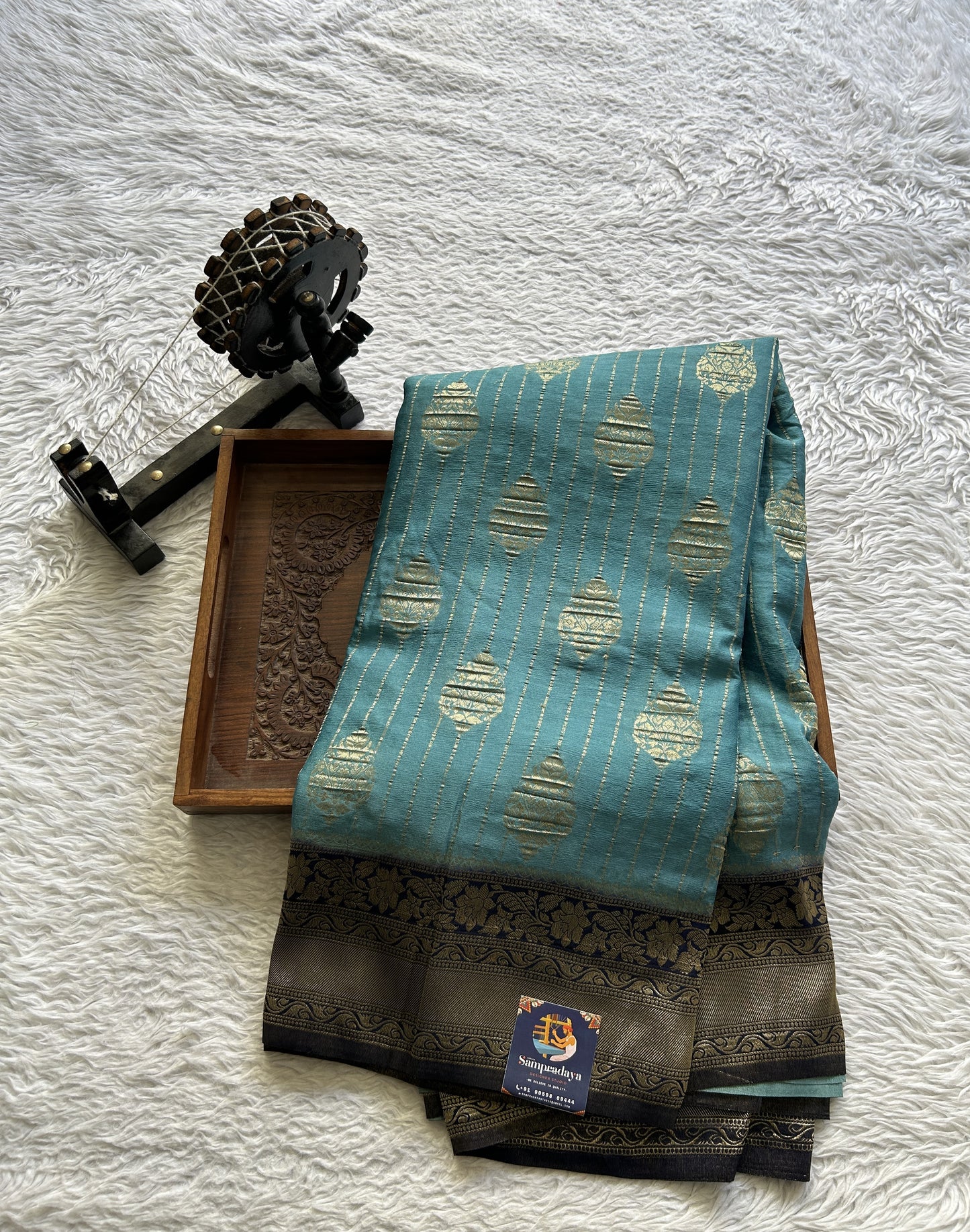 Semi Georgette Saree Sea Blue Colored Elegantly Paired with a Zari Border. - Sampradaya Designer Studio