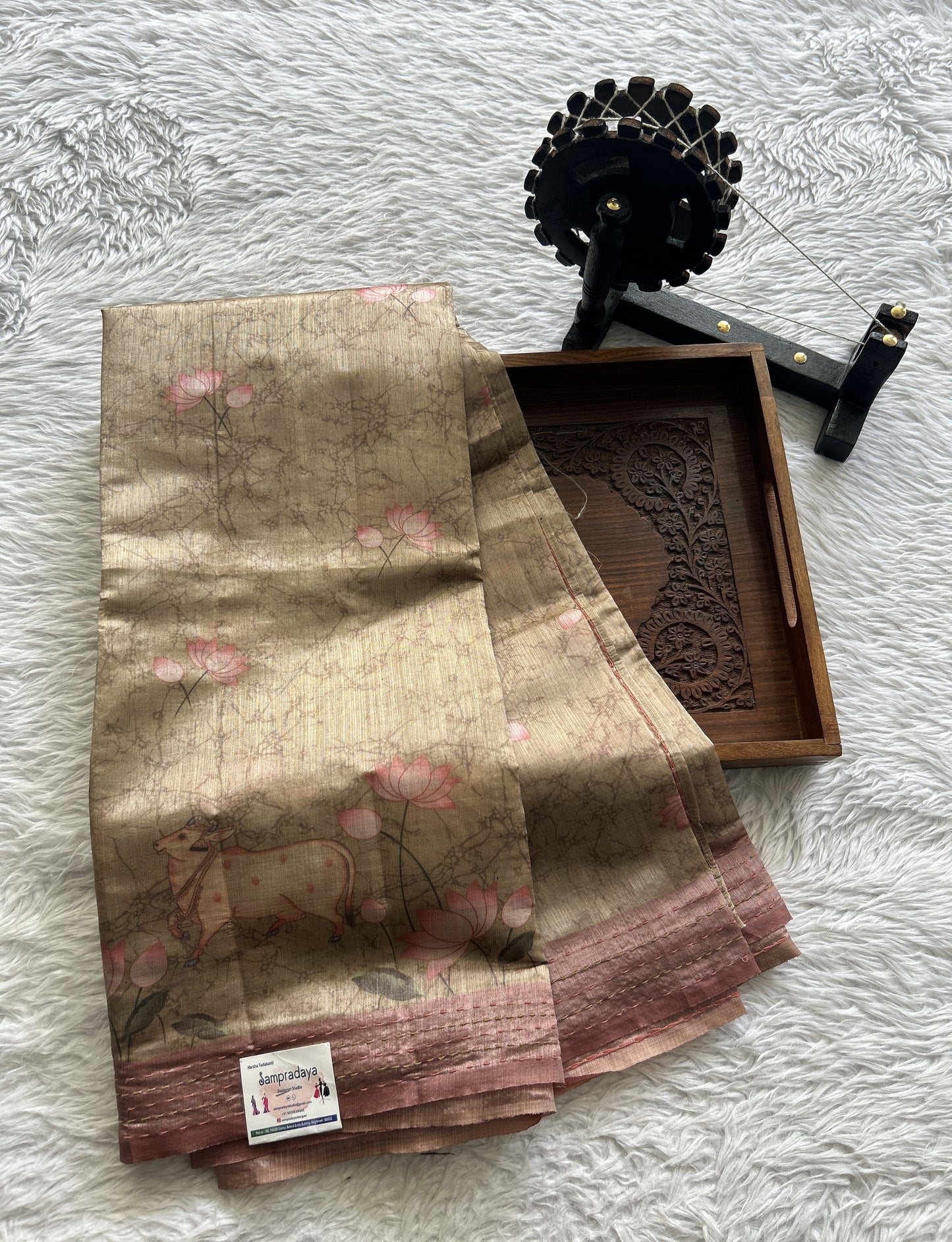 Semi Tussar Saree Beige Colored complemented with a Baby Pink Color Running Stich Border. - Sampradaya Designer Studio