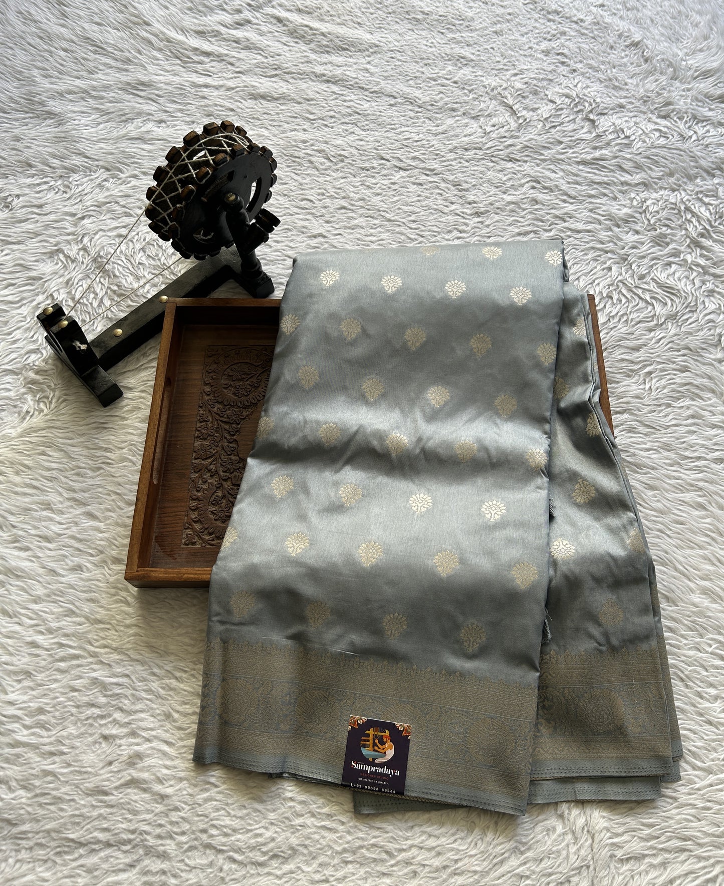Semi Georgette Saree Gray Colored Elegantly Paired with a Zari Border. - Sampradaya Designer Studio