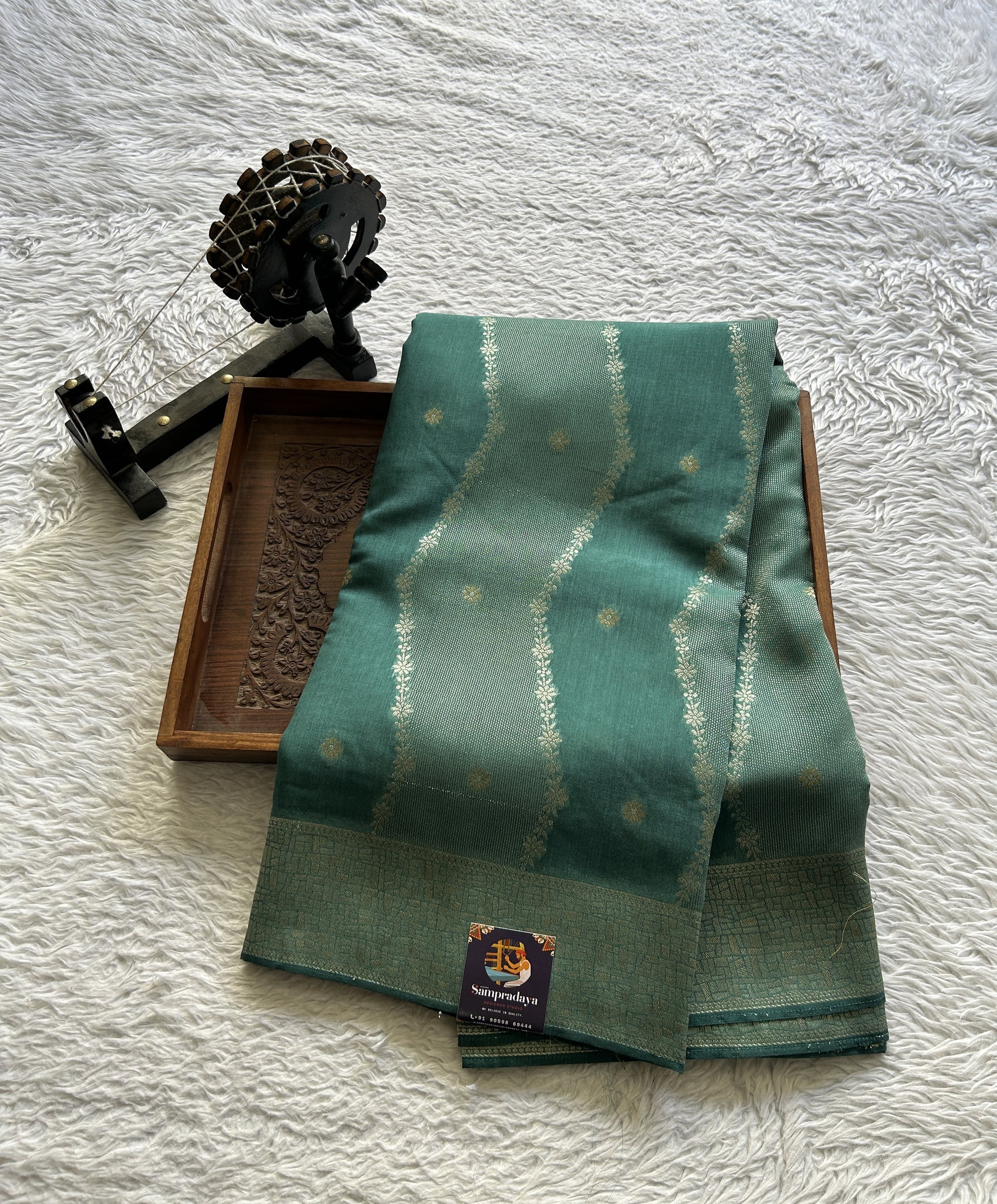 Semi Georgette Saree Dark Sea Green Colored Elegantly Paired with a Zari Border. - Sampradaya Designer Studio
