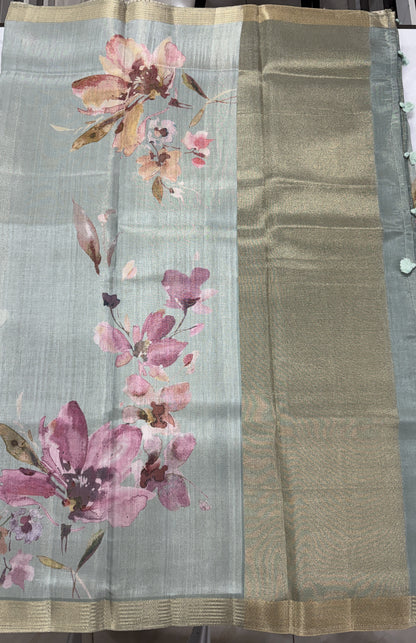 Semi Tussar Silk Saree-Sea Green color with Gold Zari Border - Elegant Fancy Saree for Party & Office Wear