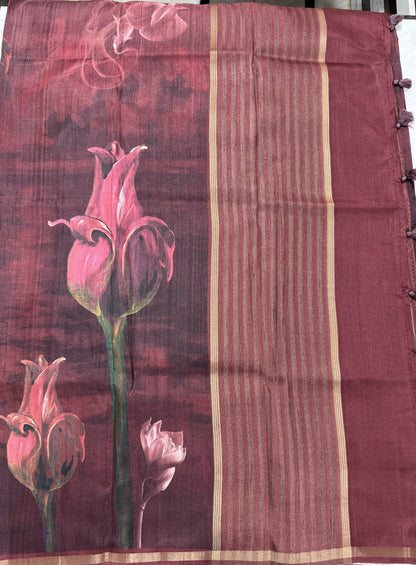 Semi Tussar Silk Saree-Maroon color with Gold Zari Border - Elegant Fancy Saree for Party & Office Wear