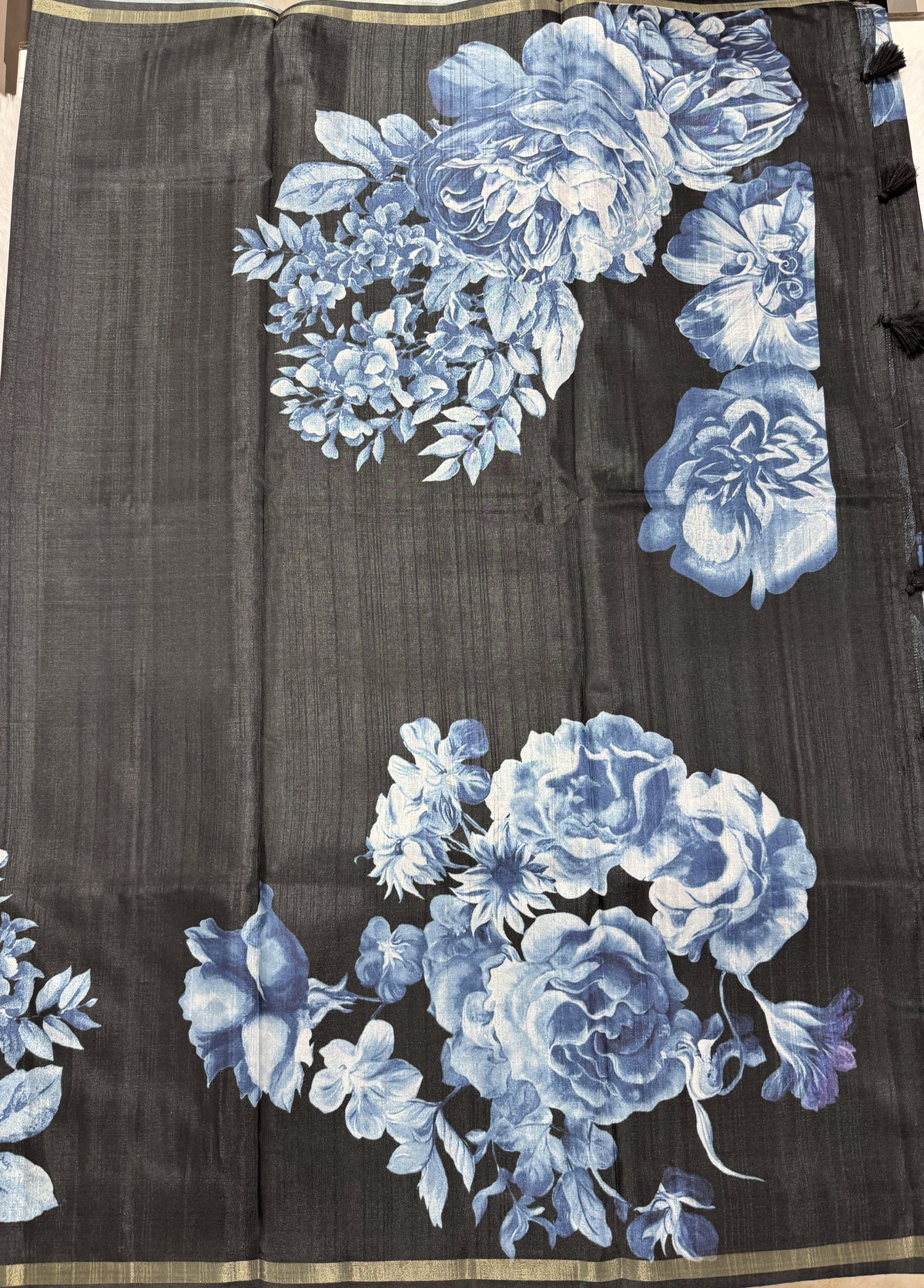 Semi Tussar Silk Saree-Black color with Gold Zari Border - Elegant Fancy Saree for Party & Office Wear