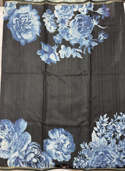 Semi Tussar Silk Saree-Black color with Gold Zari Border - Elegant Fancy Saree for Party & Office Wear