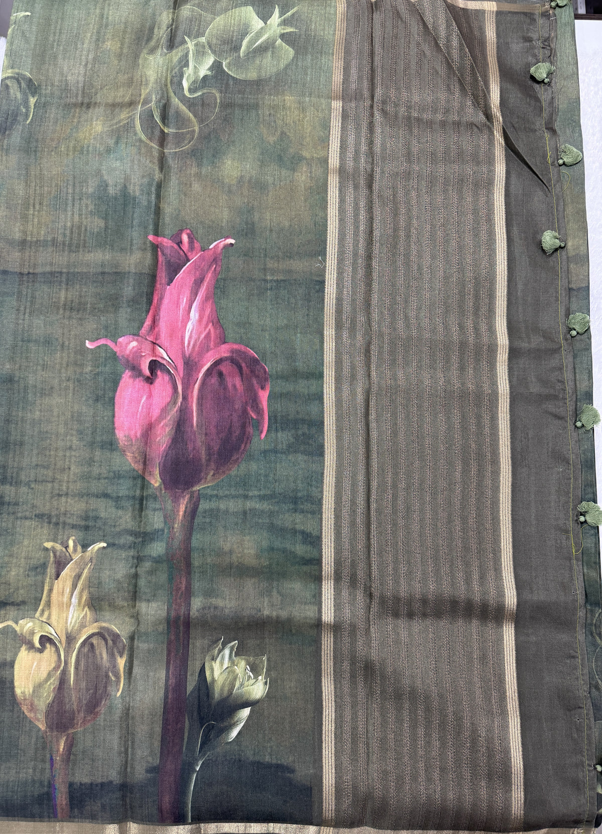 Semi Tussar Silk Saree-Olive Green color with Gold Zari Border - Elegant Fancy Saree for Party & Office Wear