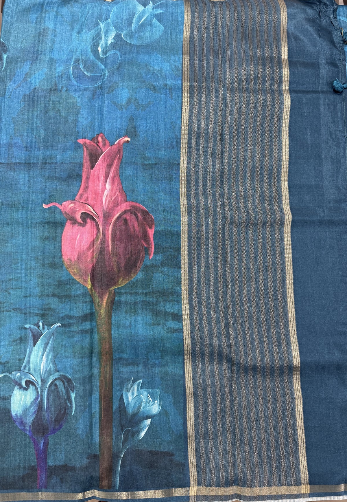 Semi Tussar Silk Saree-Peacock Blue color with Gold Zari Border - Elegant Fancy Saree for Party & Office Wear