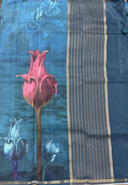 Semi Tussar Silk Saree-Peacock Blue color with Gold Zari Border - Elegant Fancy Saree for Party & Office Wear