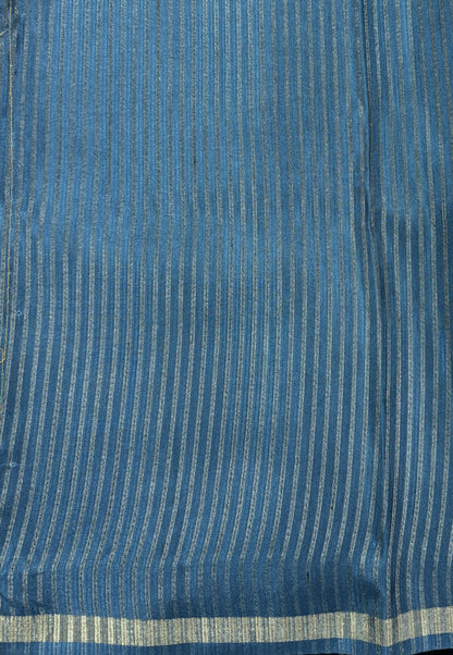 Semi Tussar Silk Saree-Peacock Blue color with Gold Zari Border - Elegant Fancy Saree for Party & Office Wear