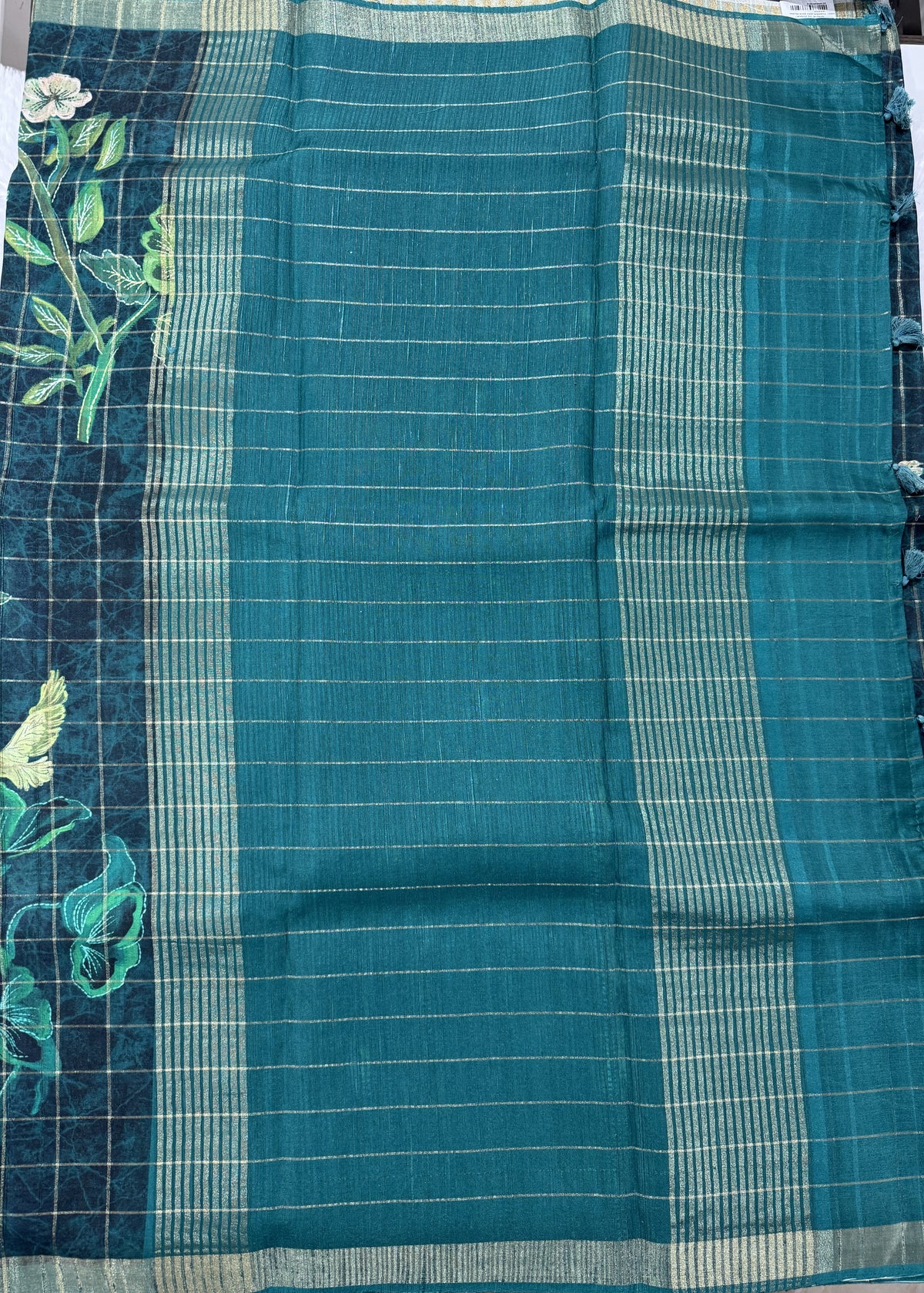 Semi Tussar Silk Saree -Bottle Green color with Gold Zari Border - Elegant Fancy Saree for Party & Office Wear