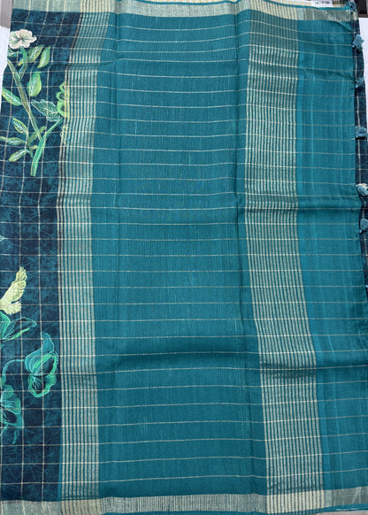 Semi Tussar Silk Saree -Bottle Green color with Gold Zari Border - Elegant Fancy Saree for Party & Office Wear